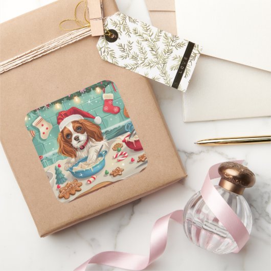 Cavalier King Charles Spaniel kerstgebak Vierkante Sticker (Geschenken)