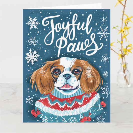 Cavalier King Charles Spaniel Kerstmis Kaart (Gele Bloem)