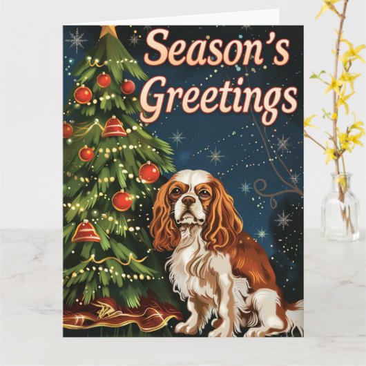 Cavalier King Charles Spaniel Kerstmis Kaart (Gele Bloem)