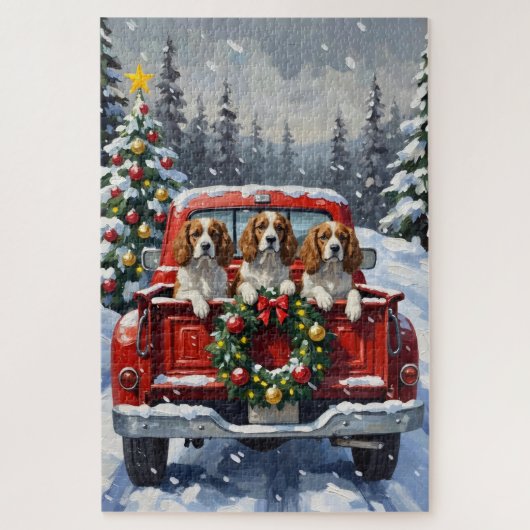 Cavalier King Charles Spaniel Kerstmis Rode Truck Legpuzzel (Verticaal)