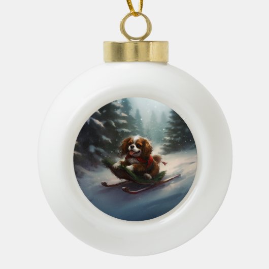 Cavalier King Charles Spaniel Kerstsneeuw Keramische Bal Ornament (Voorkant)