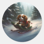 Cavalier King Charles Spaniel Kerstsneeuw Ronde Sticker (Voorkant)