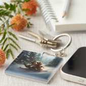 Cavalier King Charles Spaniel Kerstsneeuw Sleutelhanger (Voorkant Rechts)