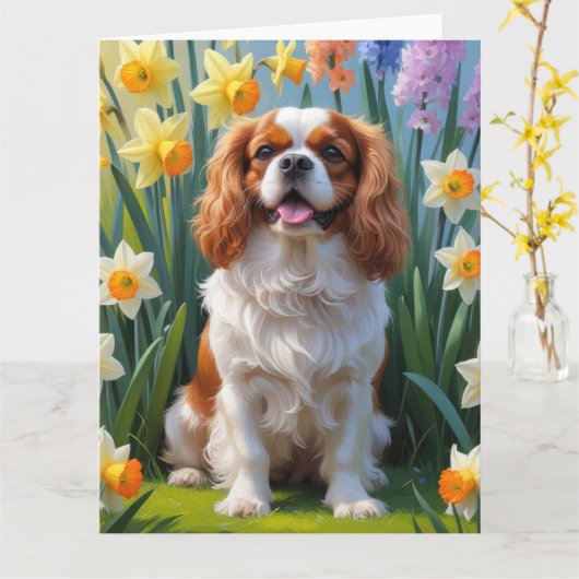 Cavalier King Charles Spaniel Lente Bloemen  Kaart (Gele Bloem)
