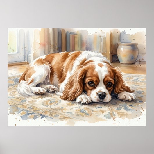 Cavalier King Charles Spaniel Liggend Aquarel Poster (Voorkant)