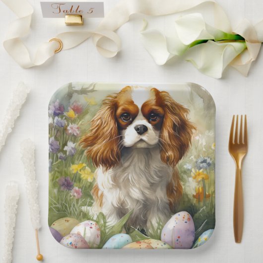 Cavalier King Charles Spaniel met Pasen Eieren Papieren Bordje (Huwelijk)
