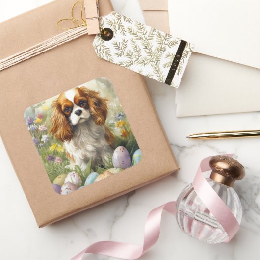 Cavalier King Charles Spaniel met Pasen Eieren Vierkante Sticker (Geschenken)