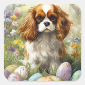Cavalier King Charles Spaniel met Pasen Eieren Vierkante Sticker (Voorkant)