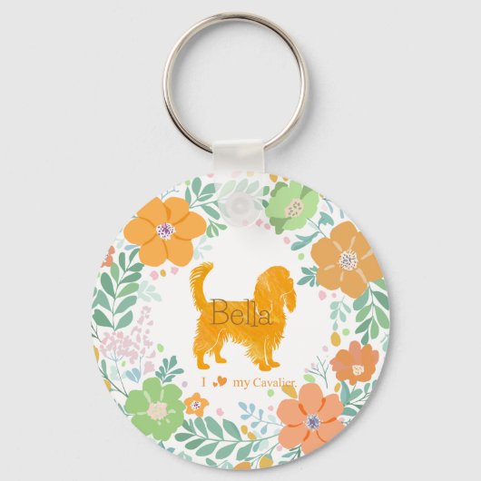 Cavalier King Charles Spaniel Pastel Orange Flower Sleutelhanger (Voorkant)