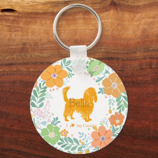 Cavalier King Charles Spaniel Pastel Orange Flower Sleutelhanger (Voorkant)
