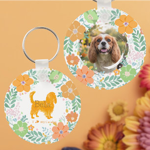 Cavalier King Charles Spaniel Pastel Oranje Bloem Sleutelhanger
