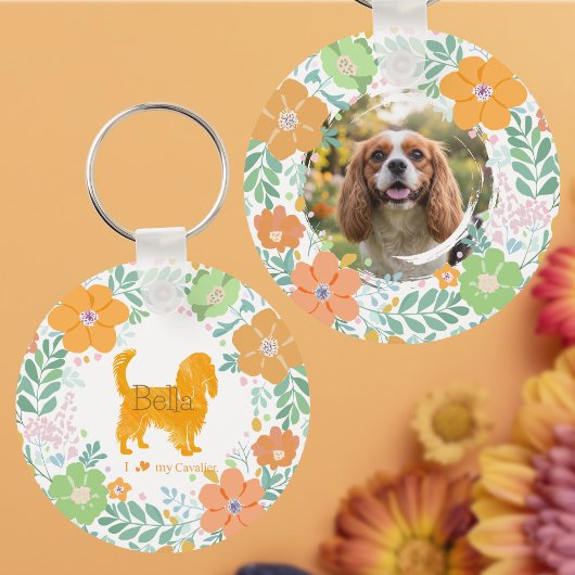 Cavalier King Charles Spaniel Pastel Oranje Bloem Sleutelhanger