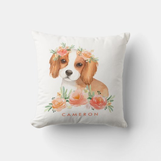 Cavalier King Charles Spaniel Peach Floral Nursery Kussen (Voorkant)