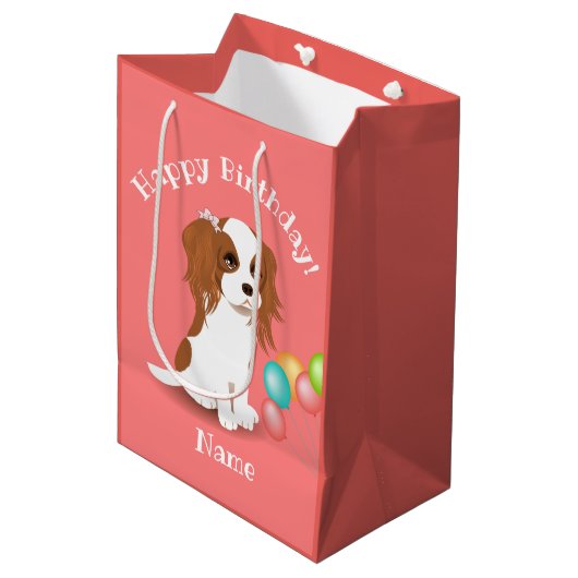 Cavalier King Charles Spaniel Pink Happy Birthday Medium Cadeauzakje (Voorkant Gekanteld)