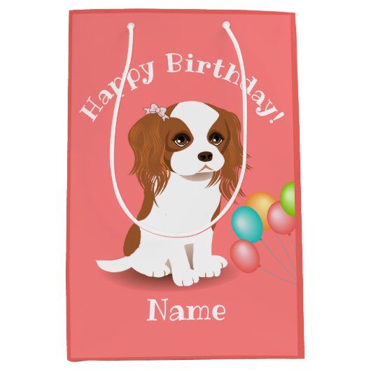 Cavalier King Charles Spaniel Pink Happy Birthday Medium Cadeauzakje (Voorkant)