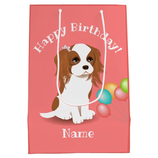 Cavalier King Charles Spaniel Pink Happy Birthday Medium Cadeauzakje (Achterkant)