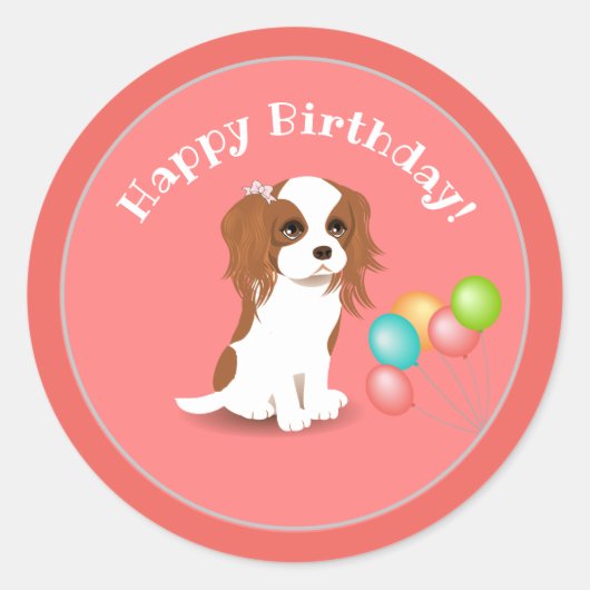 Cavalier King Charles Spaniel Pink Happy Birthday Ronde Sticker (Voorkant)