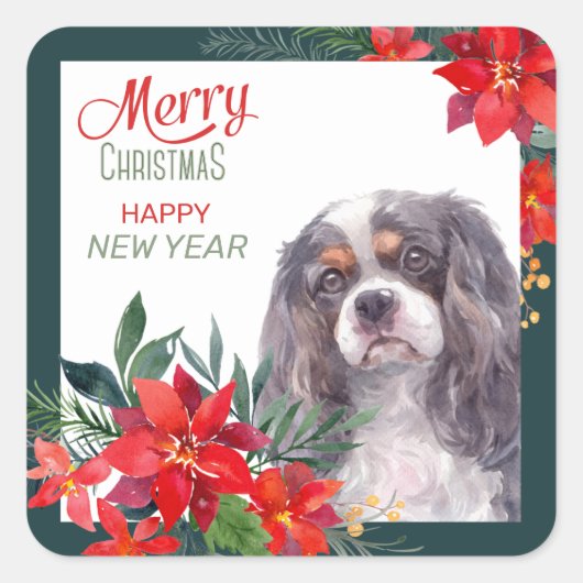 Cavalier King Charles Spaniel Poinsettia Bouquet Vierkante Sticker (Voorkant)