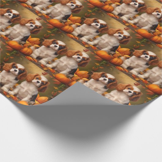 Cavalier King Charles Spaniel Puppy Herfst Pompoen Cadeaupapier (Hoek)