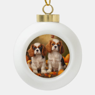 Cavalier King Charles Spaniel Puppy Herfst Pompoen Keramische Bal Ornament