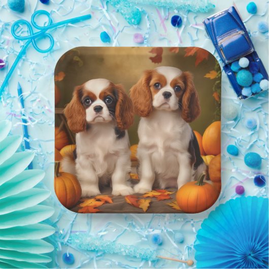 Cavalier King Charles Spaniel Puppy Herfst Pompoen Papieren Bordje (Feest)