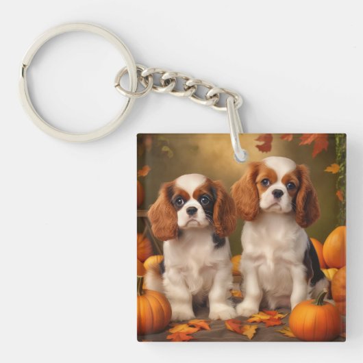 Cavalier King Charles Spaniel Puppy Herfst Pompoen Sleutelhanger (Voorkant)