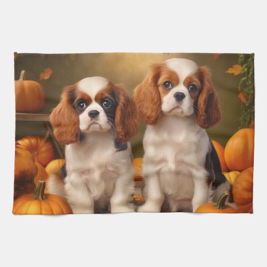 Cavalier King Charles Spaniel Puppy Herfst Pompoen Theedoek (Horizontaal)