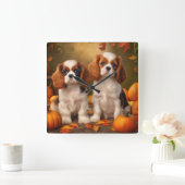 Cavalier King Charles Spaniel Puppy Herfst Pompoen Vierkante Klok (Huis)