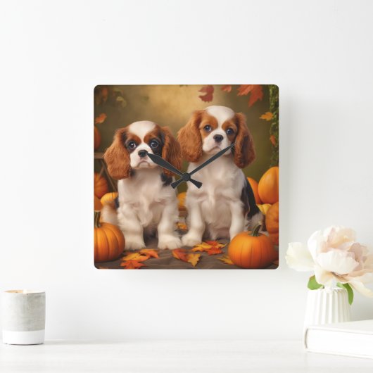 Cavalier King Charles Spaniel Puppy Herfst Pompoen Vierkante Klok (Huis)