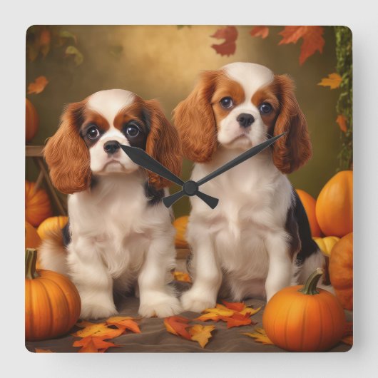 Cavalier King Charles Spaniel Puppy Herfst Pompoen Vierkante Klok (Voorkant)