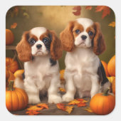 Cavalier King Charles Spaniel Puppy Herfst Pompoen Vierkante Sticker (Voorkant)
