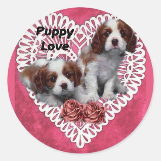 Cavalier King Charles Spaniel Puppy Love Ronde Sticker (Voorkant)