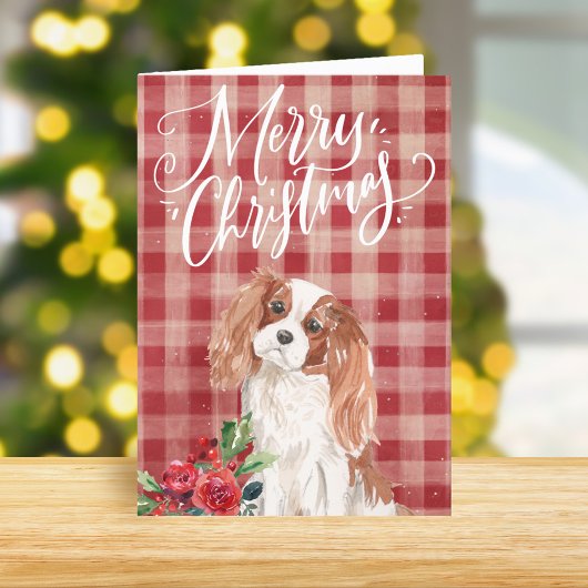 Cavalier King Charles Spaniel Red Plaid Christmas Feestdagen Kaart