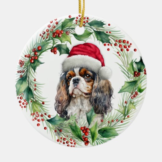 Cavalier King Charles Spaniel Santa Wreath Keramisch Ornament (Voorkant)