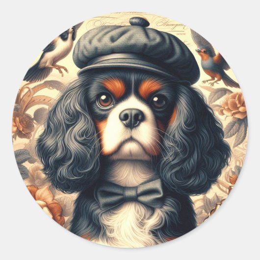 Cavalier King Charles Spaniel Schilderij Ronde Sticker (Voorkant)