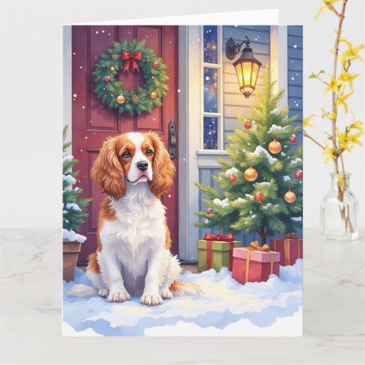 Cavalier King Charles Spaniel Sneeuw Kerstmis Kaart (Gele Bloem)