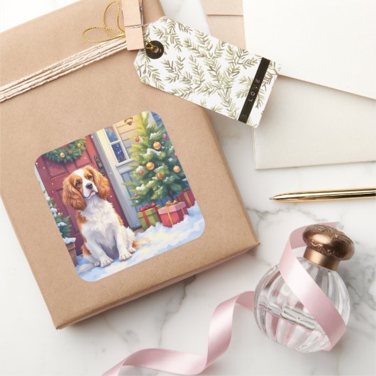 Cavalier King Charles Spaniel Sneeuw Kerstmis Vierkante Sticker (Geschenken)