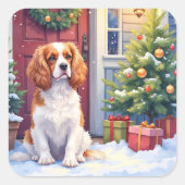 Cavalier King Charles Spaniel Sneeuw Kerstmis Vierkante Sticker (Voorkant)