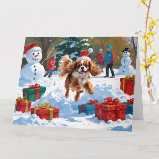 Cavalier King Charles Spaniel Sneeuw met Kerstmis Kaart (Gele Bloem)