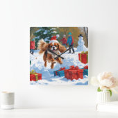 Cavalier King Charles Spaniel Sneeuw met Kerstmis Vierkante Klok (Huis)