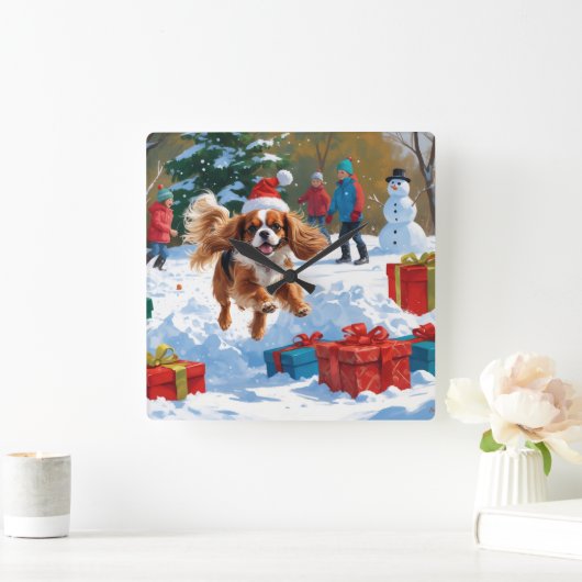Cavalier King Charles Spaniel Sneeuw met Kerstmis Vierkante Klok (Huis)