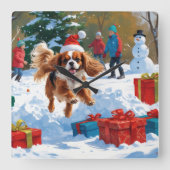 Cavalier King Charles Spaniel Sneeuw met Kerstmis Vierkante Klok (Voorkant)