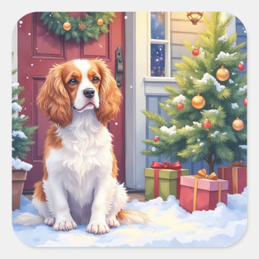 Cavalier King Charles Spaniel Snowy Christmas Vierkante Sticker (Voorkant)