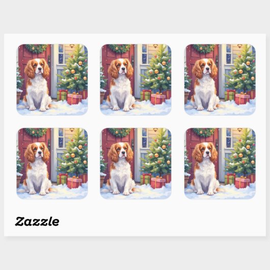 Cavalier King Charles Spaniel Snowy Christmas Vierkante Sticker (Vel)