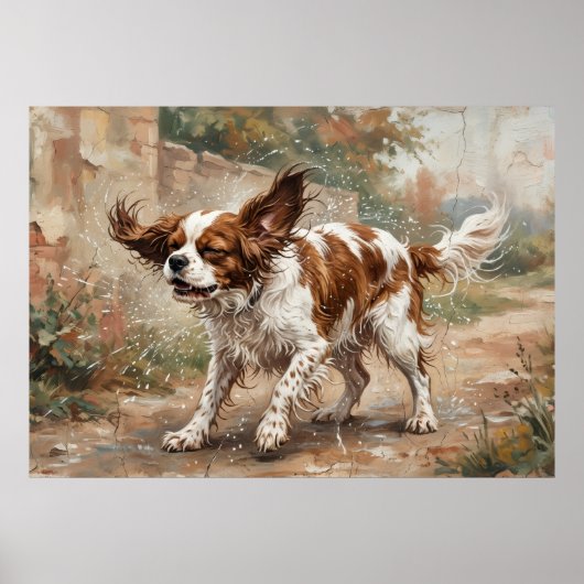 Cavalier King Charles Spaniel speelt in de tuin Poster (Voorkant)
