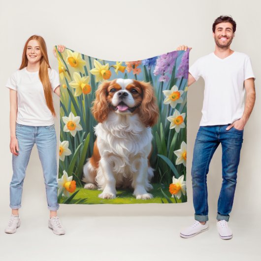 Cavalier King Charles Spaniel Spring Flowers Fleece Deken (In situ)