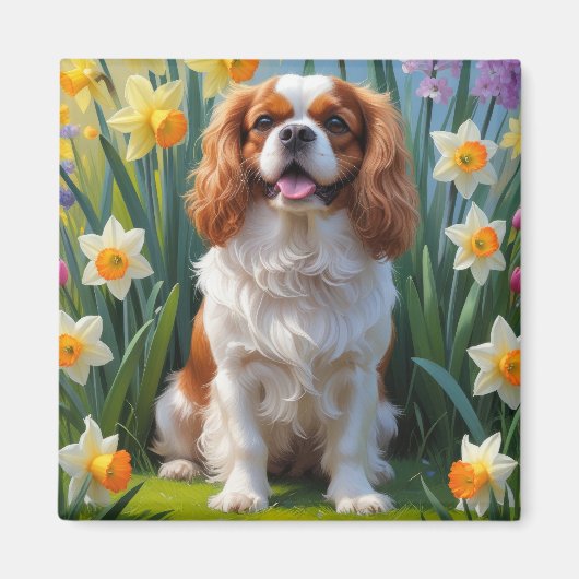 Cavalier King Charles Spaniel Spring Flowers Magneet (Voorkant)