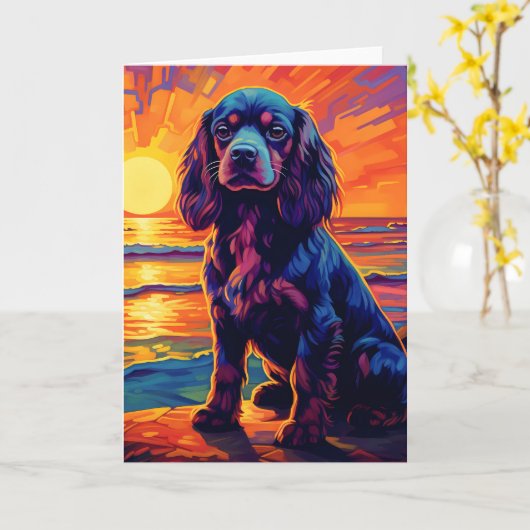 Cavalier King Charles Spaniel Sunset/Sunrise Kaart (Gele Bloem)