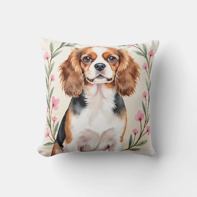 Cavalier King Charles Spaniel Waterverf Bloem Kussen (Voorkant)