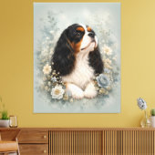Cavalier King Charles Spaniel with Blue Flowers | Canvas Afdruk (Insitu (Woonkamer))